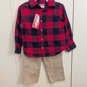 Wrangler NWT Red & Navy Buffalo Plaid Button-Up Shirt With Khaki Pants 2T